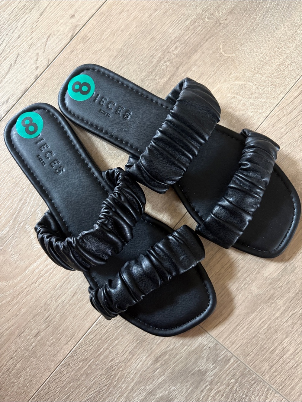 Black Ruched Double-Strap Slide Sandals